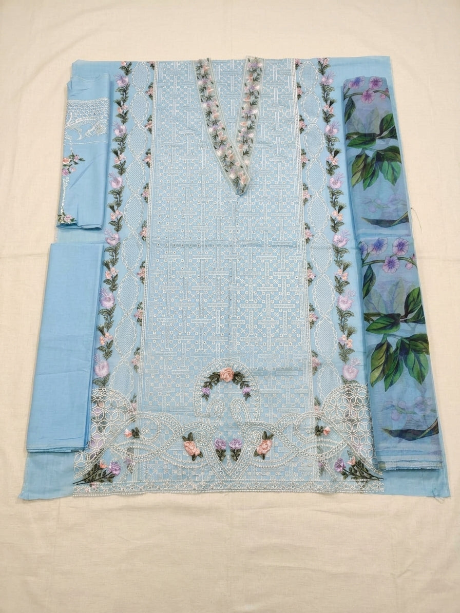 Sky Blue Airjet Lawn 3-Piece Suit Fully Heavy Embroidered Chikankari with Digital Printed Chiffon Dupatta Unstitched — Summer Lawn Collection 2027