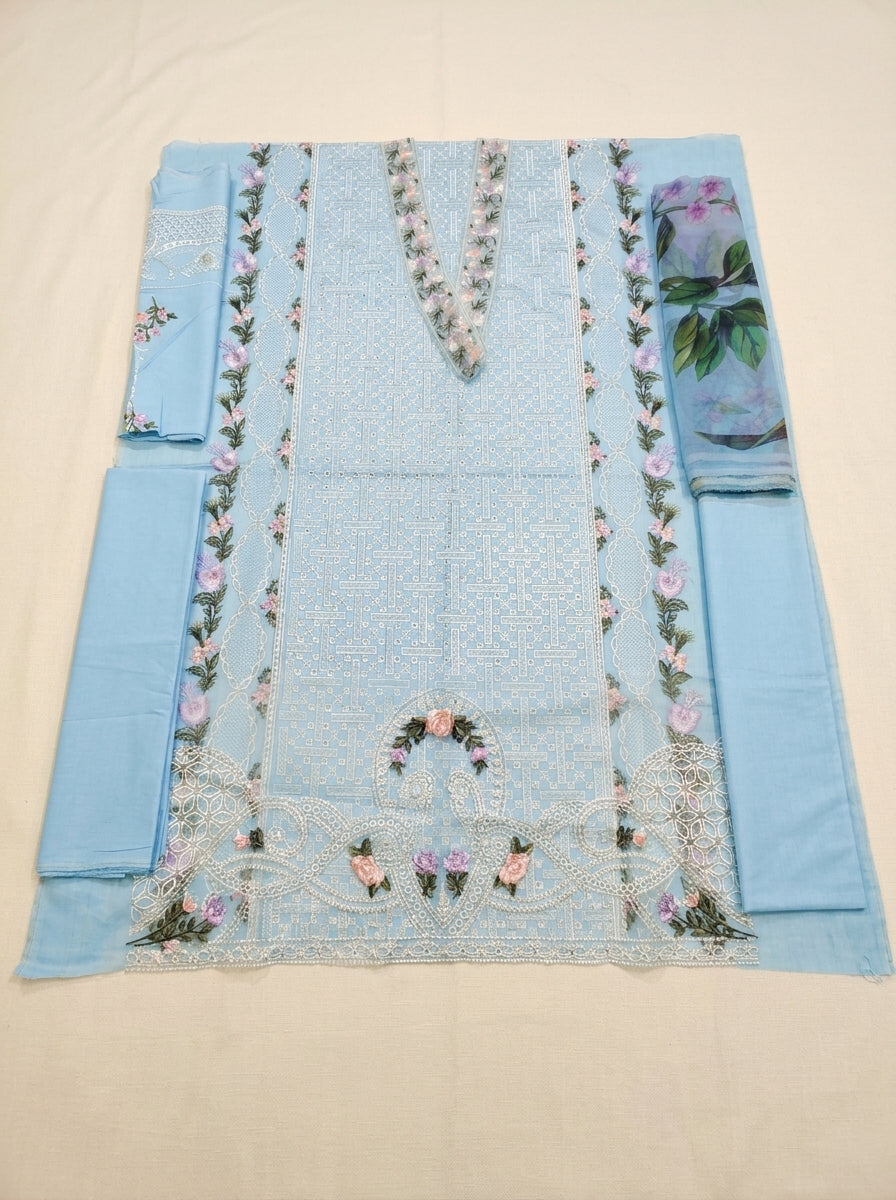 Sky Blue Airjet Lawn 3-Piece Suit Fully Heavy Embroidered Chikankari with Digital Printed Chiffon Dupatta Unstitched — Summer Lawn Collection 2027