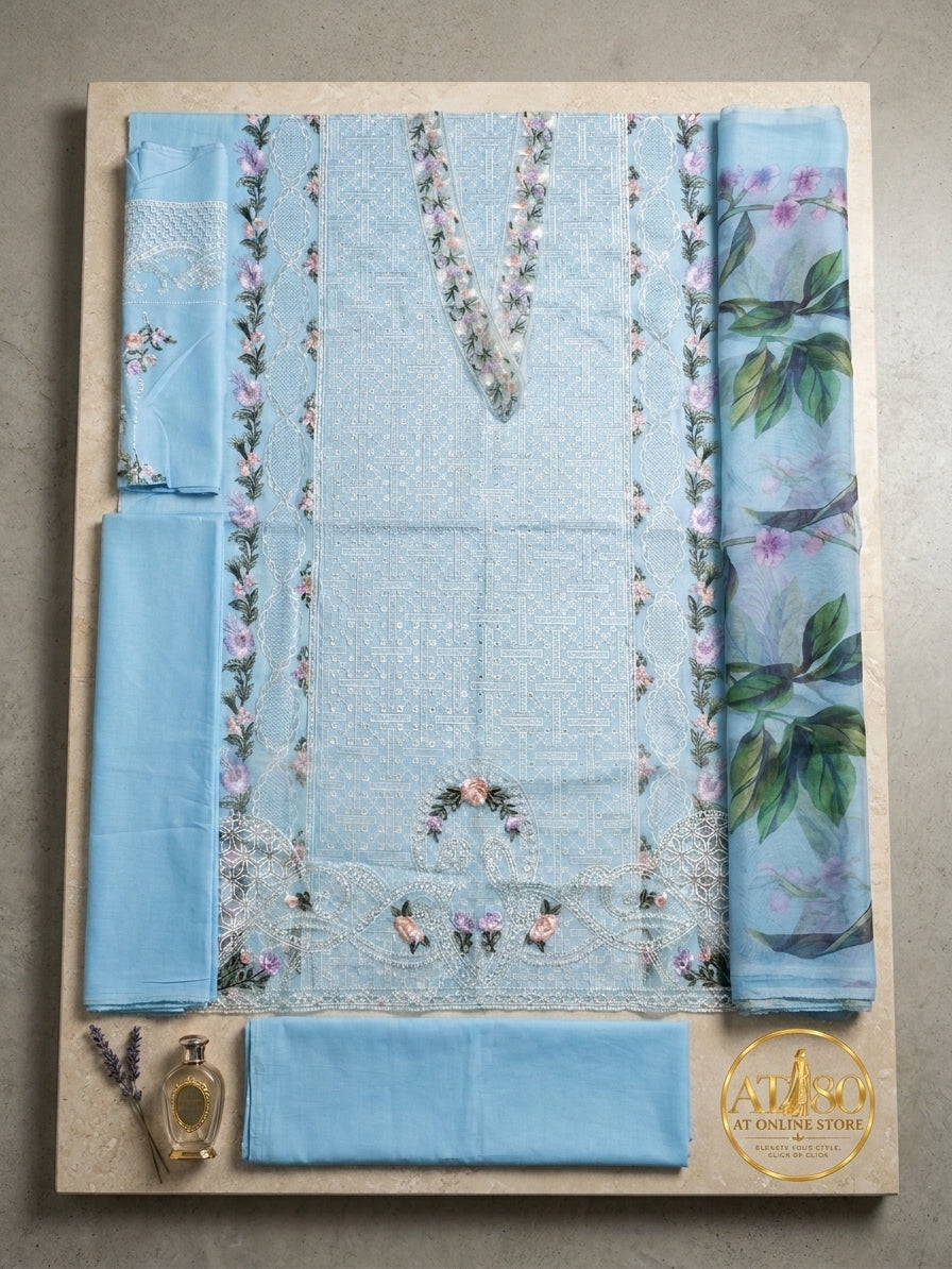 Sky Blue Airjet Lawn 3-Piece Suit Fully Heavy Embroidered Chikankari with Digital Printed Chiffon Dupatta Unstitched — Summer Lawn Collection 2027