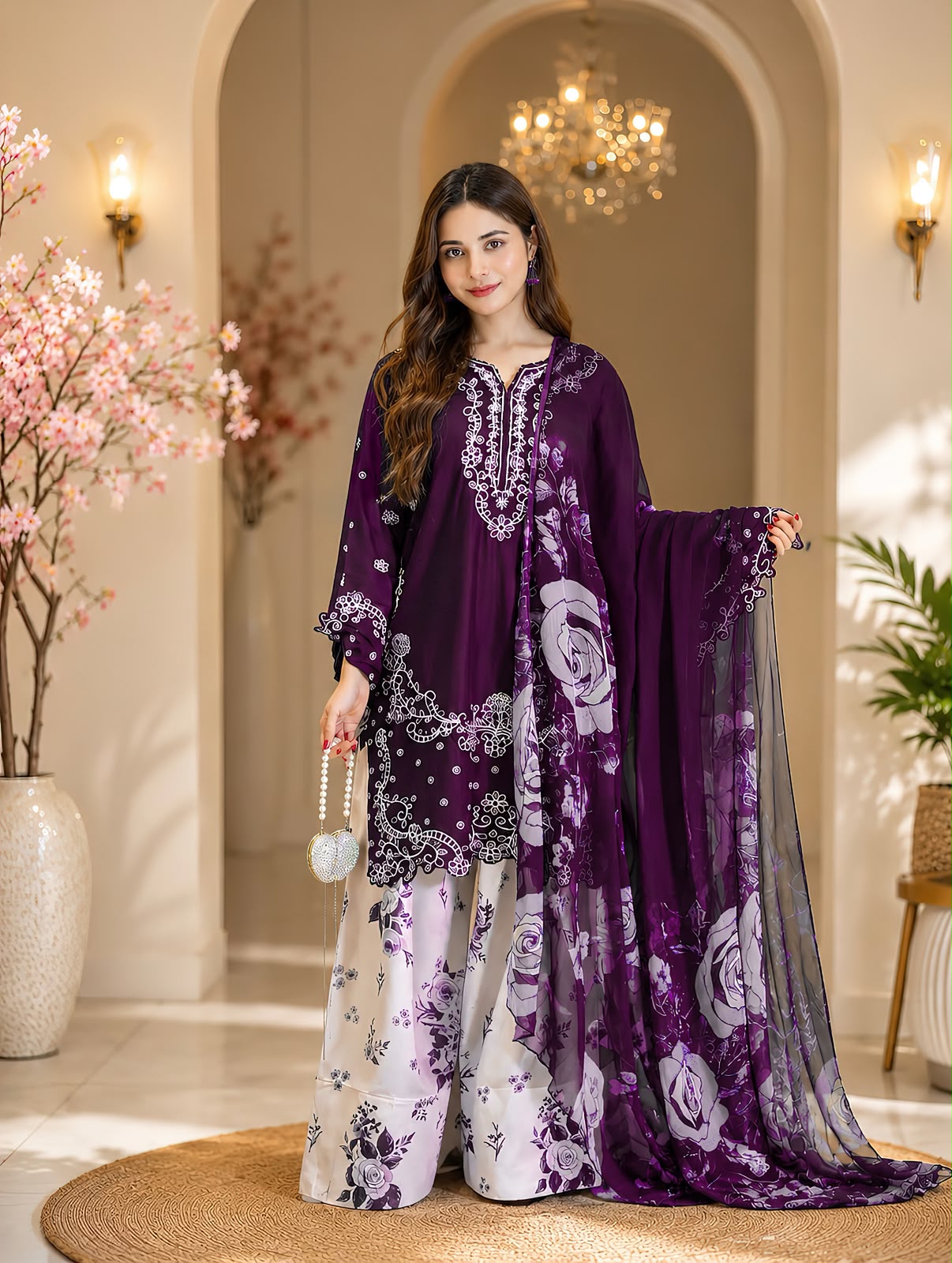 Dhanak 3-Piece Chikankari Embroidered Suit Woollen Shawl Karandi Trouser Unstitched - view 2