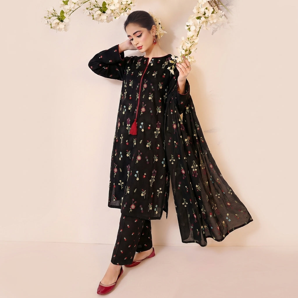 Dhanak 3-PC Full Embroidered Suit Unstitched 5 Colors