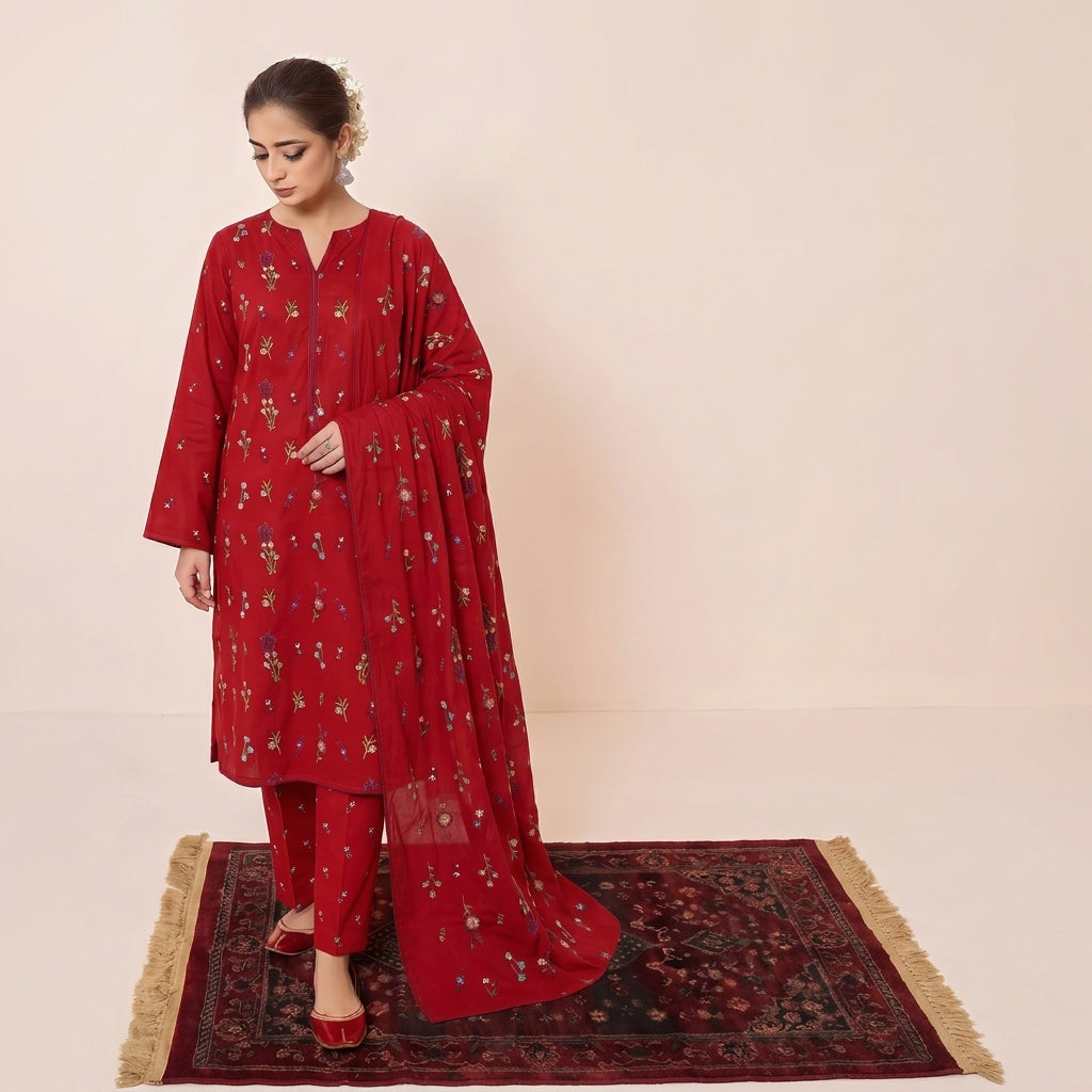 Dhanak 3-PC Full Embroidered Suit Unstitched 5 Colors - view 4