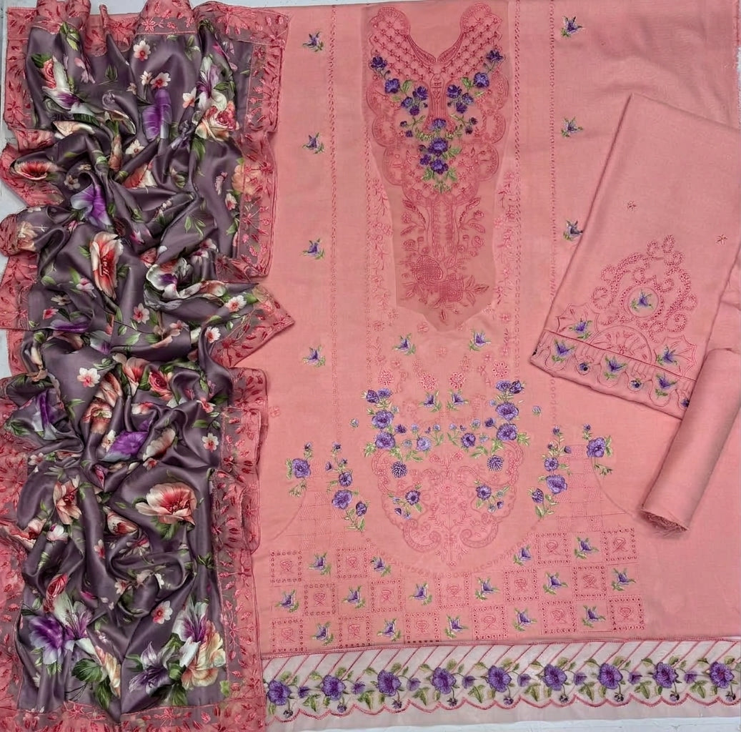 Airjet Dhanak 3-Piece Chikankari Suit Twill Wool Shawl Unstitched Pink - view 2