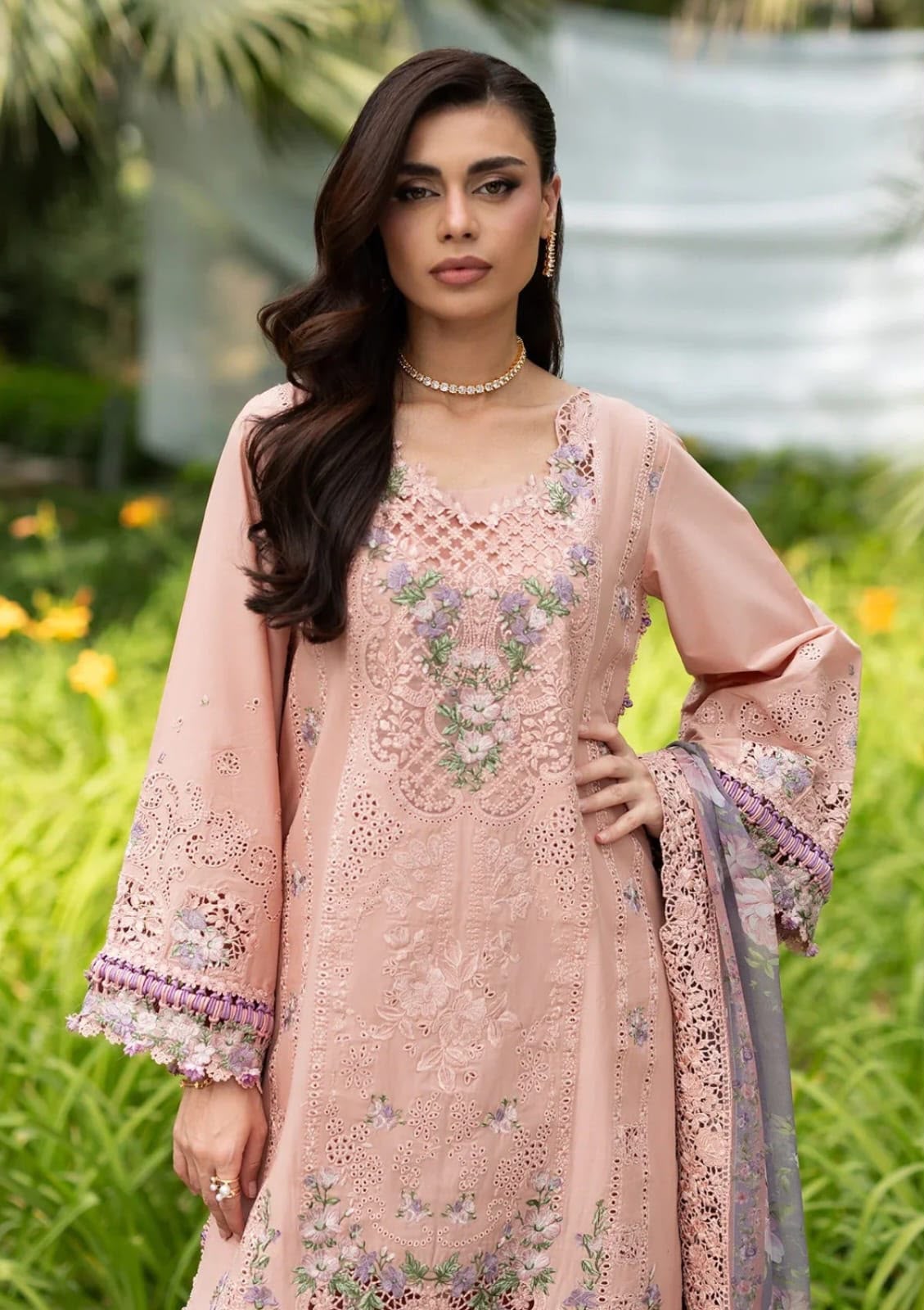 Airjet Dhanak 3-Piece Chikankari Suit Twill Wool Shawl Unstitched Pink - view 3