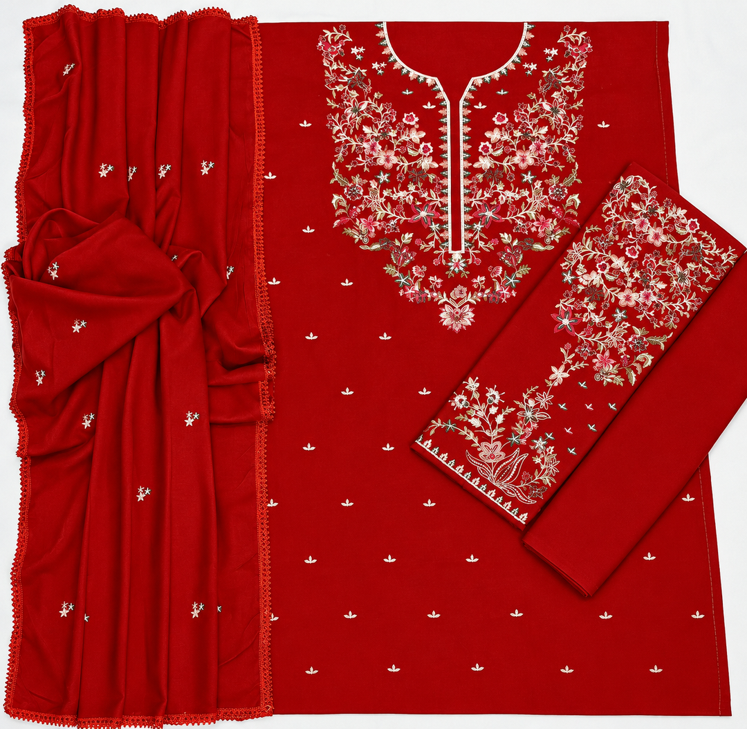 Dhanak 3-Piece Luxury Embroidered Suit Ready-to-Wear Shawl Unstitched Red - view 4