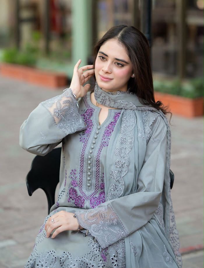 Dhanak 3-Piece Heavy Embroidered Boring Suit Embroidered Shawl Unstitched Steel Blue - view 2