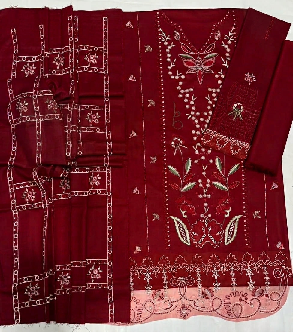 Airjet Dhanak 3-Piece Heavy Embroidered Suit Luxury Dupatta Unstitched Maroon - view 2