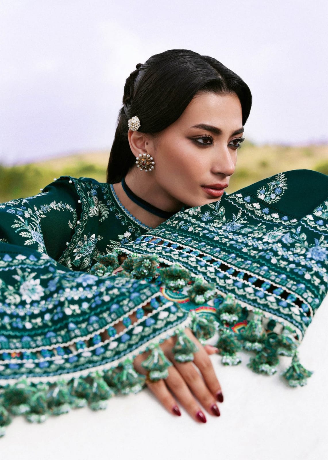 Dhanak 3-Piece Multi-Head Embroidered Suit Embroidered Shawl Trouser Unstitched Green