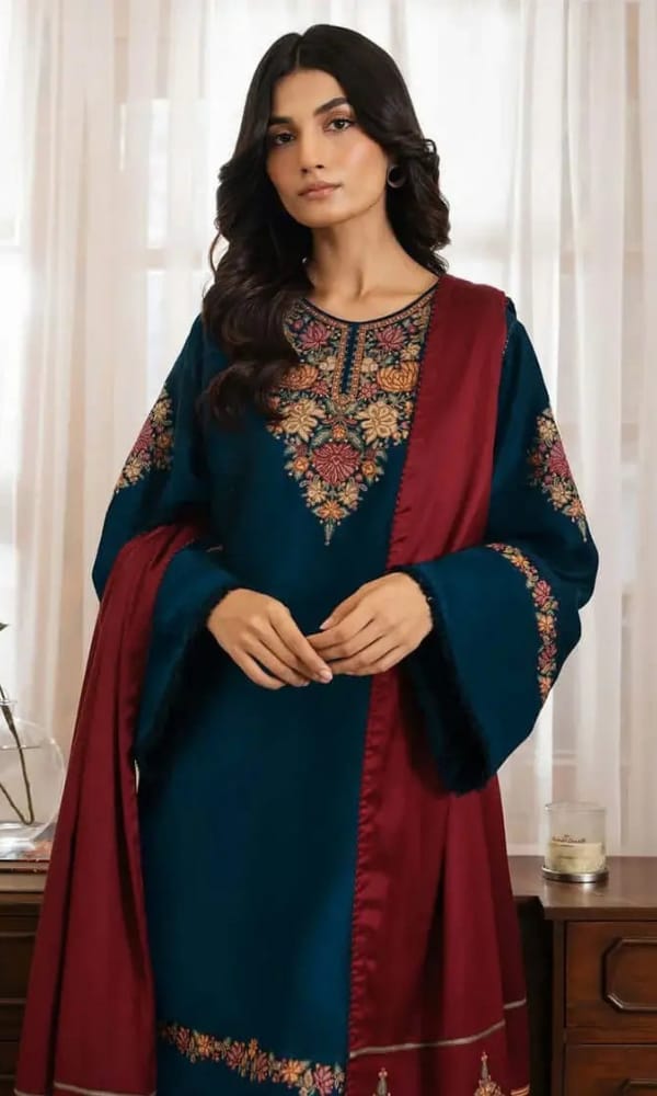 Dhanak 3-Piece Heavy Embroidered Suit Embroidered Shawl Trouser Unstitched Teal