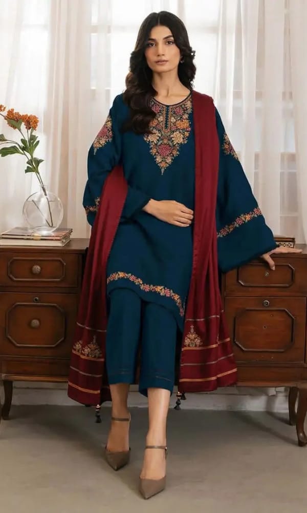 Dhanak 3-Piece Heavy Embroidered Suit Embroidered Shawl Trouser Unstitched Teal - view 3