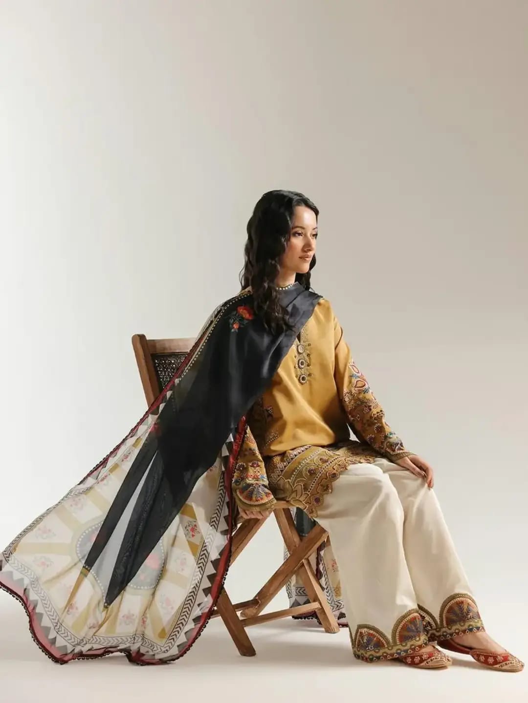 Dhanak 3-Piece Heavy Embroidered Suit Digital Woollen Shawl Embroidered Trouser Unstitched Mustard - view 2