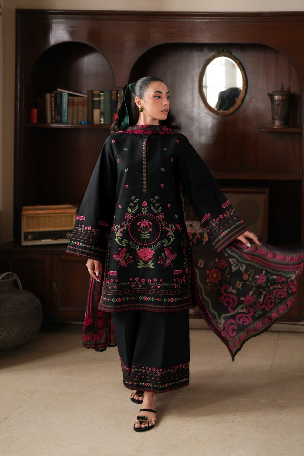 Dhanak 3-Piece Luxury Embroidered Suit Digital Woollen Shawl Embroidered Trouser Unstitched Black