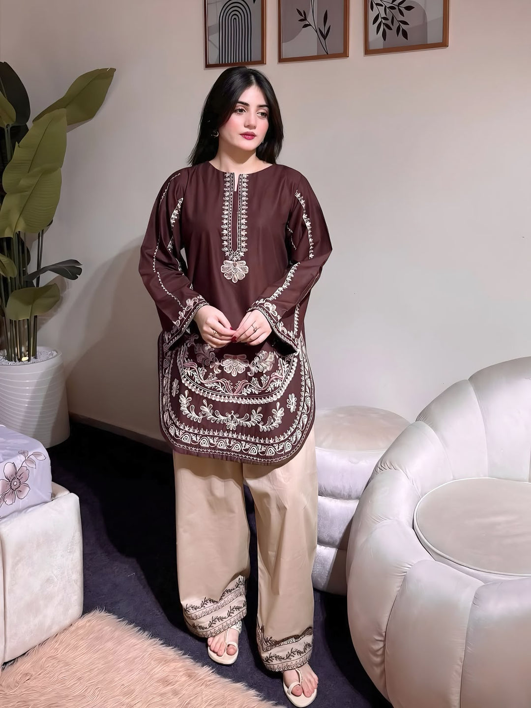 Dhanak 2 Piece Multihead Embroidered Suit Brown