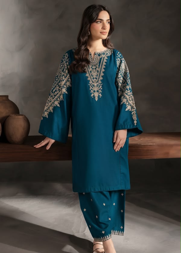 Dhanak 2 Piece Gold Embroidered Suit Steel Blue - view 2