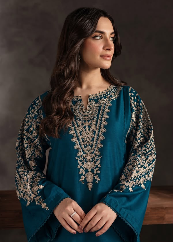 Dhanak 2 Piece Gold Embroidered Suit Steel Blue - view 4