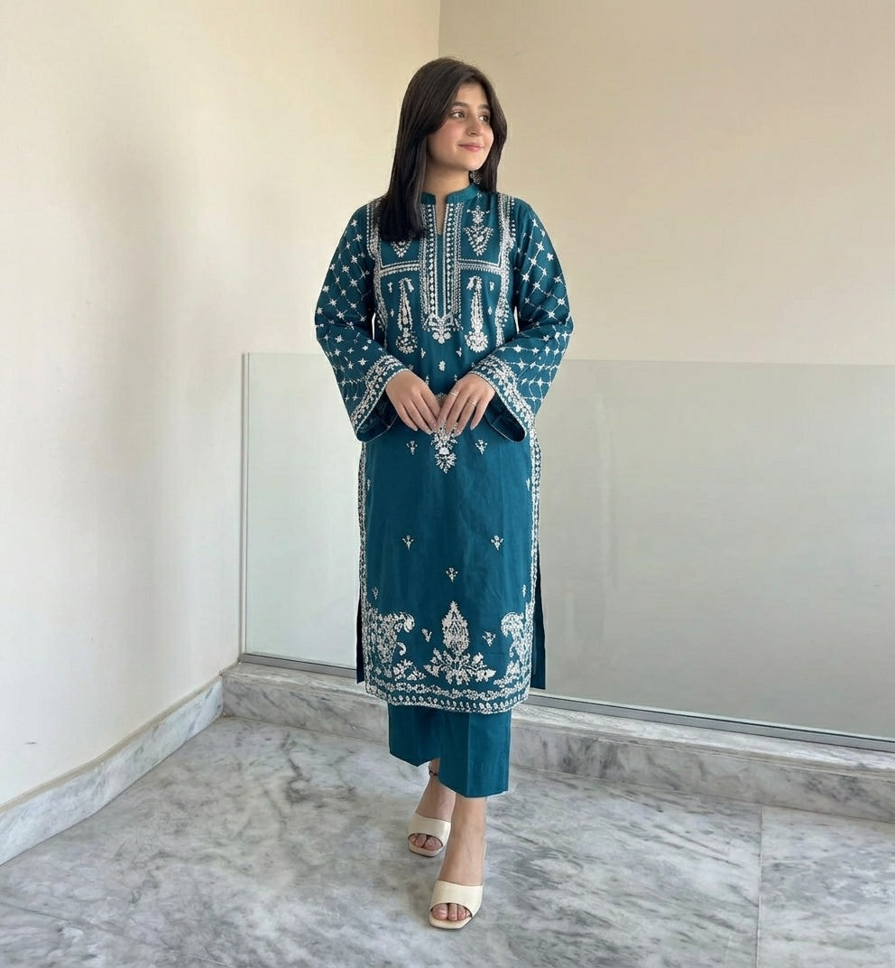 Dhanak 2 Piece Chikankari Embroidered Suit Maroon Teal