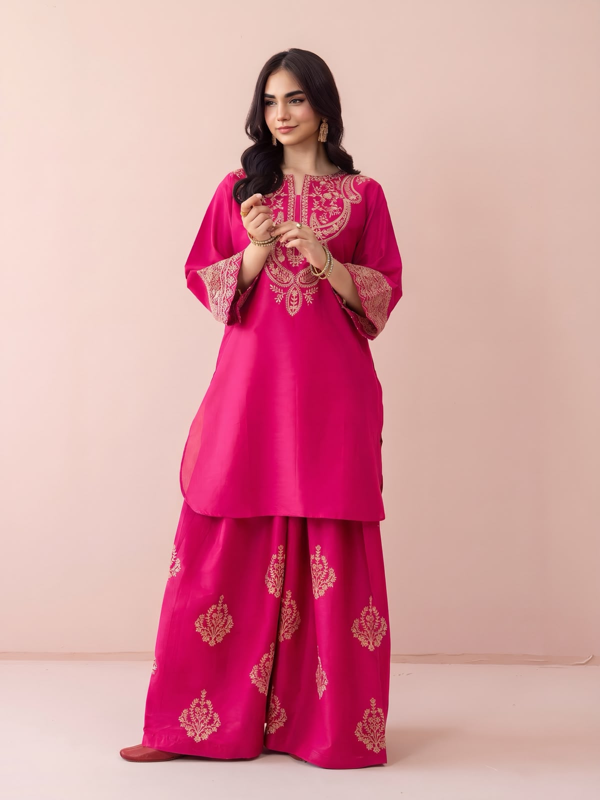 Dhanak 2 Piece Neck Embroidered Suit Maroon Hot Pink - view 8