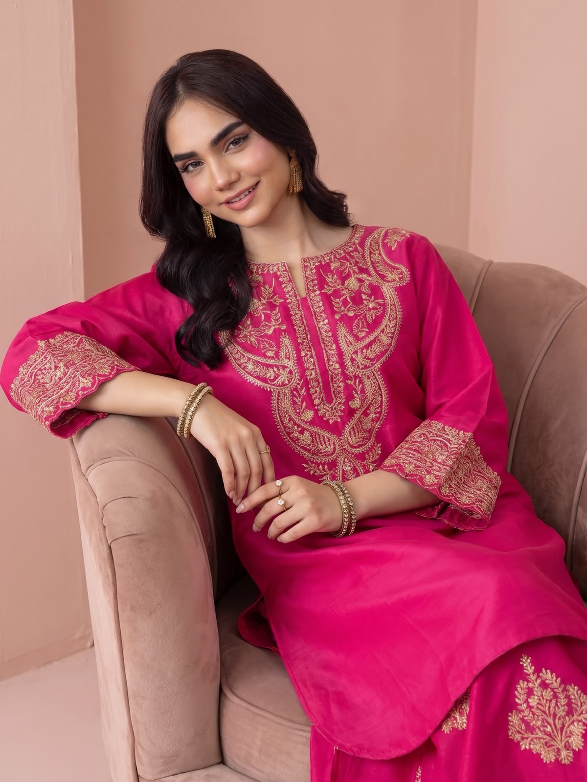 Dhanak 2 Piece Neck Embroidered Suit Maroon Hot Pink
