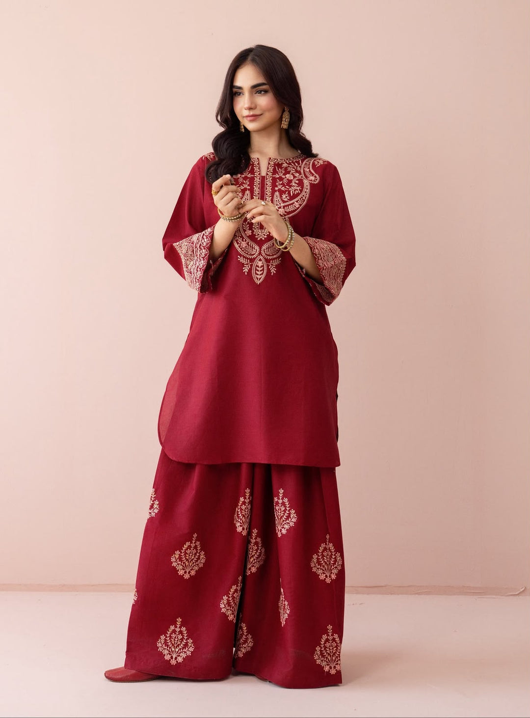 Dhanak 2 Piece Neck Embroidered Suit Maroon Hot Pink - view 6
