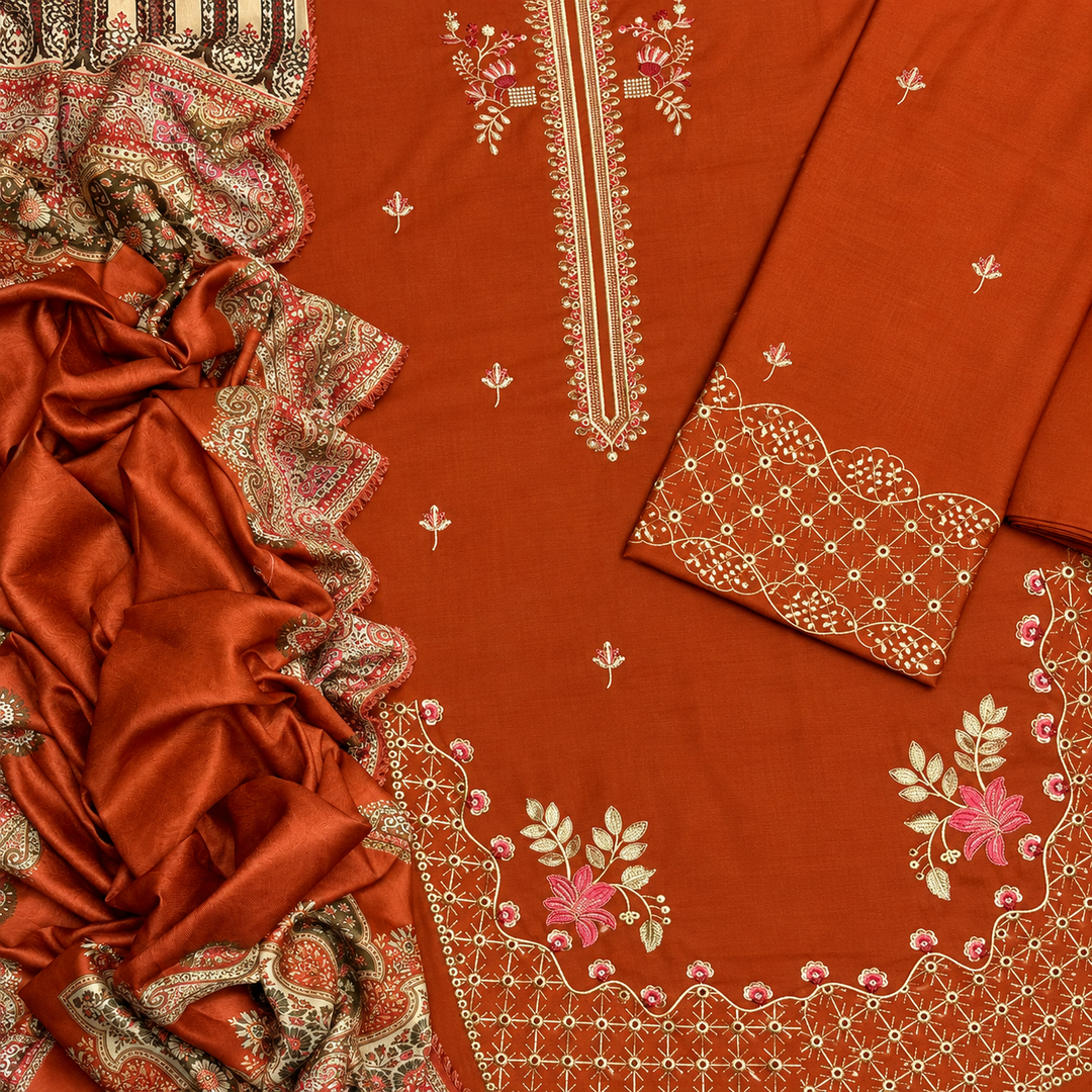 Rust Dhanak 3 Piece Chikankari Boring Embroidered Suit with Printed Paisley Woollen Shawl - view 2