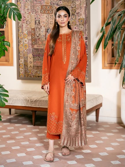 Rust Dhanak 3 Piece Chikankari Boring Embroidered Suit with Printed Paisley Woollen Shawl