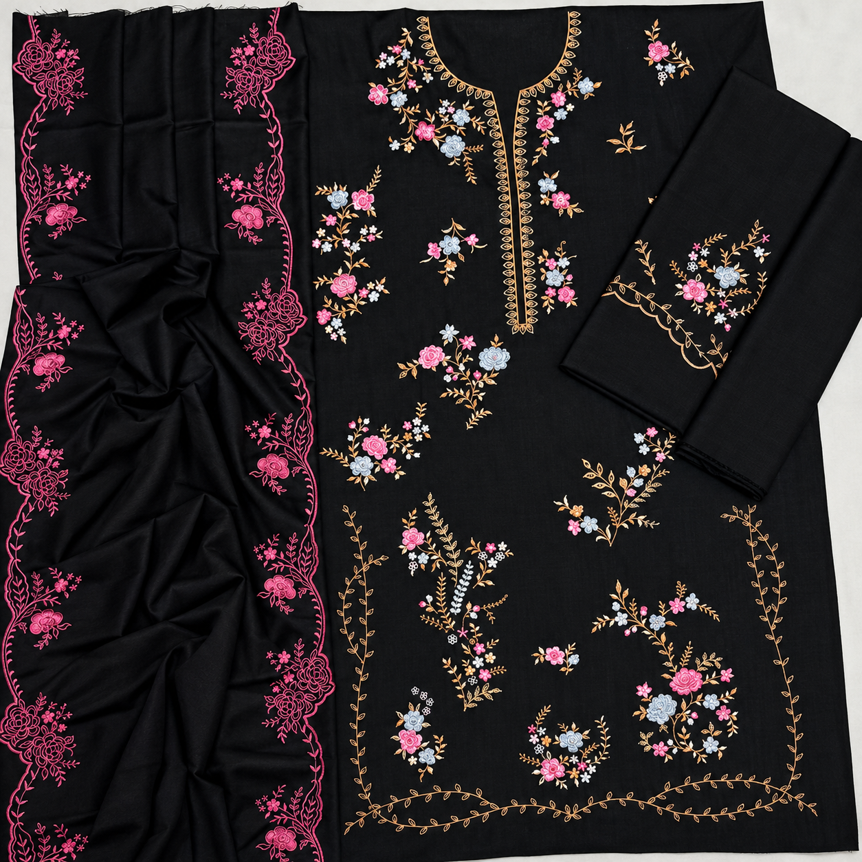 Black Airjet Dhanak 3 Piece Multi-Color Embroidered Suit with Luxury Embroidered Dupatta - view 3