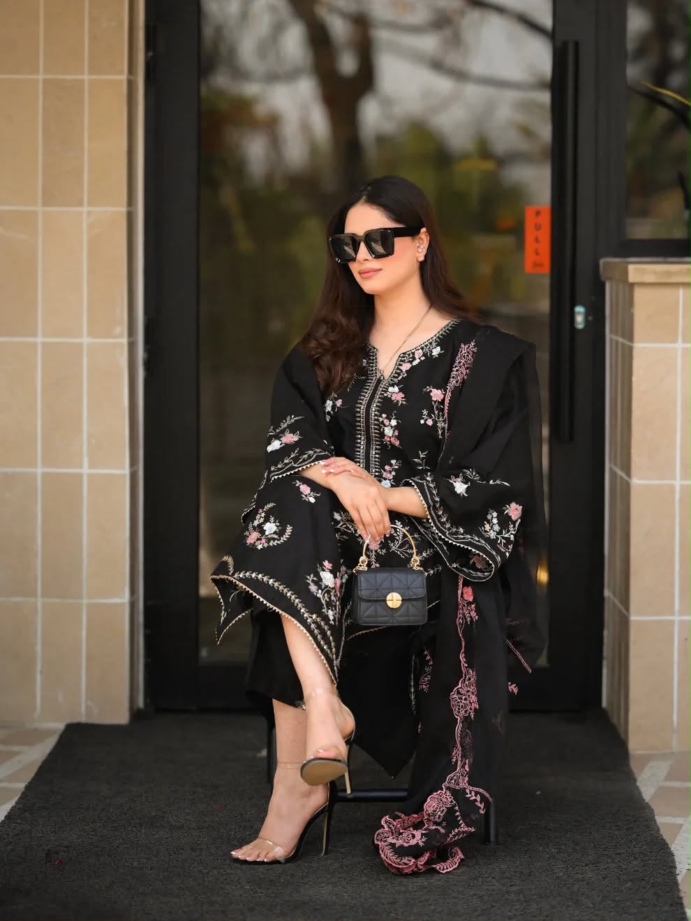 Black Airjet Dhanak 3 Piece Multi-Color Embroidered Suit with Luxury Embroidered Dupatta
