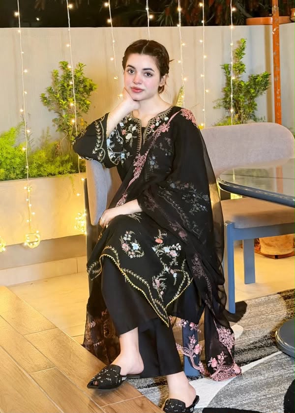 Black Airjet Dhanak 3 Piece Multi-Color Embroidered Suit with Luxury Embroidered Dupatta - view 4