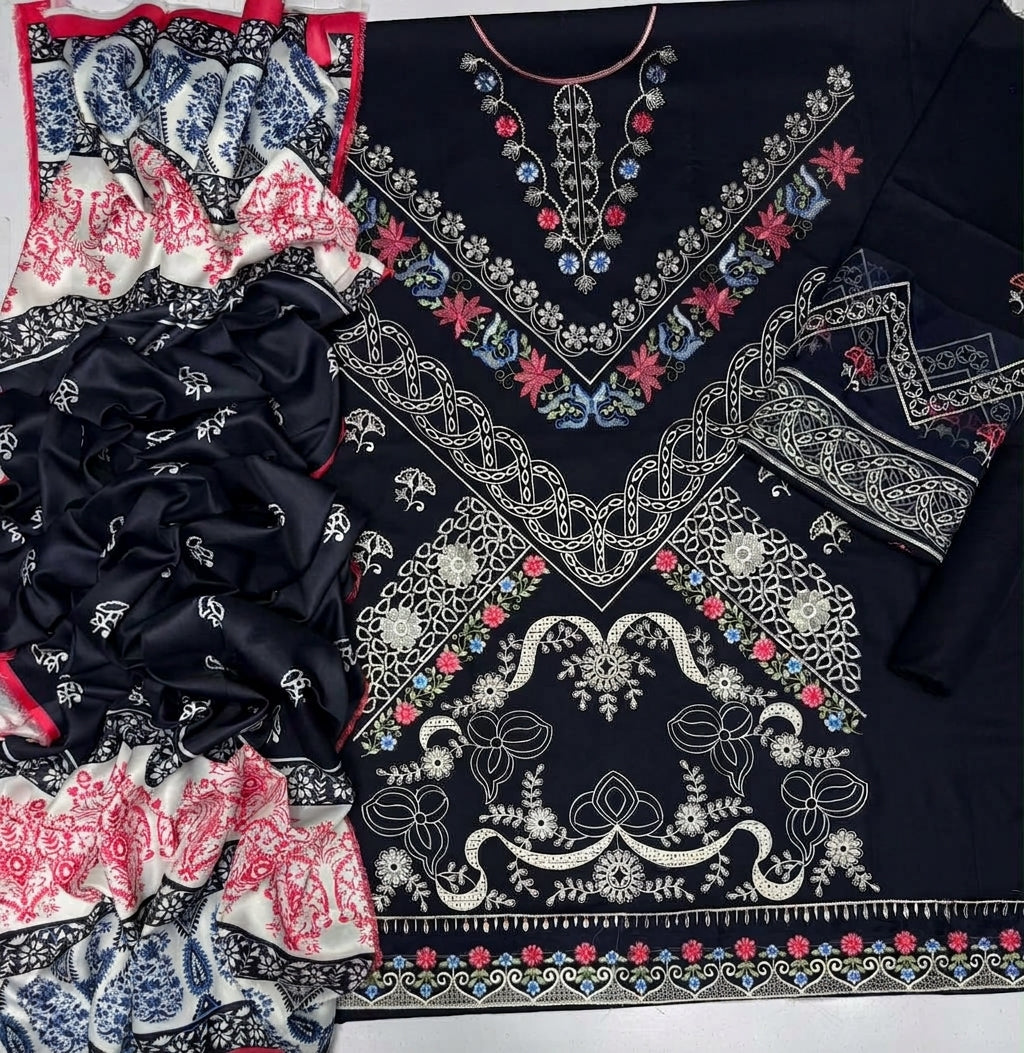Navy Black Dhanak 3 Piece Chikankari Boring Embroidered Suit with Printed Woollen Shawl - view 3