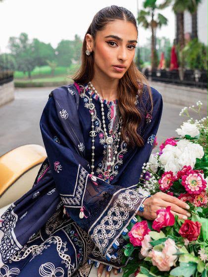 Navy Black Dhanak 3 Piece Chikankari Boring Embroidered Suit with Printed Woollen Shawl - view 4