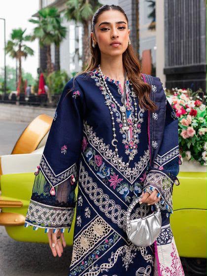Navy Black Dhanak 3 Piece Chikankari Boring Embroidered Suit with Printed Woollen Shawl - view 2