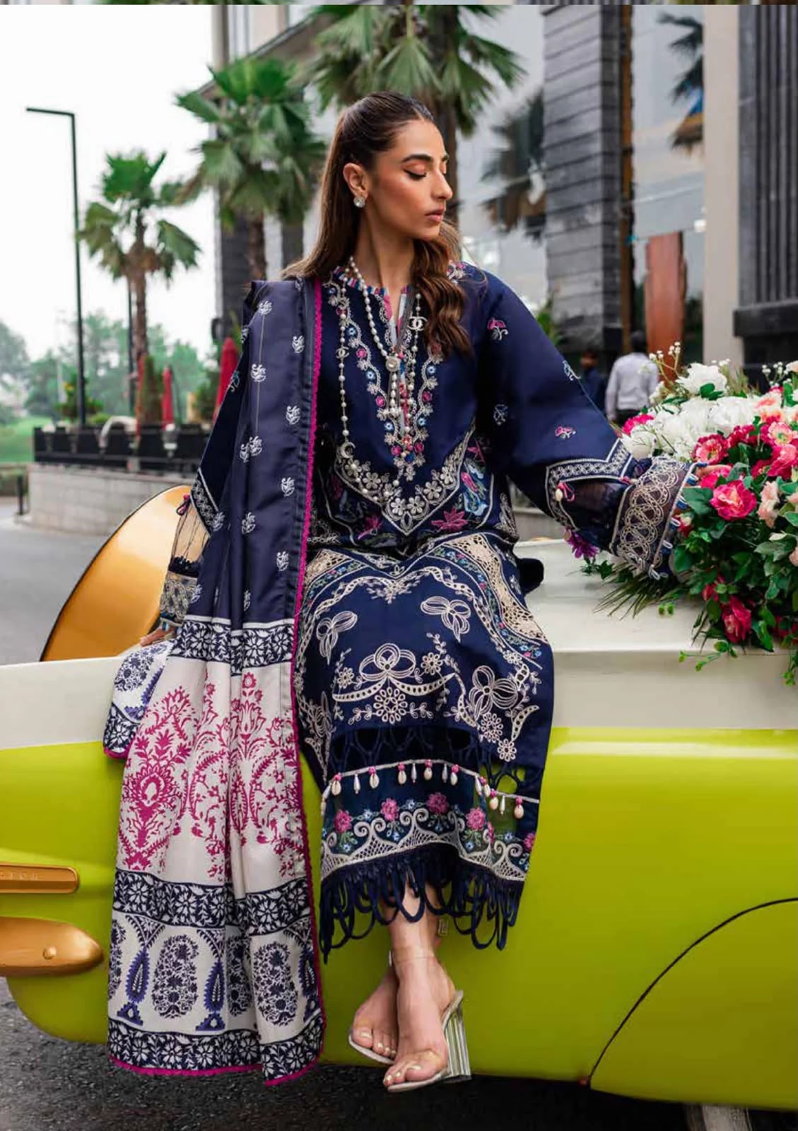 Navy Black Dhanak 3 Piece Chikankari Boring Embroidered Suit with Printed Woollen Shawl