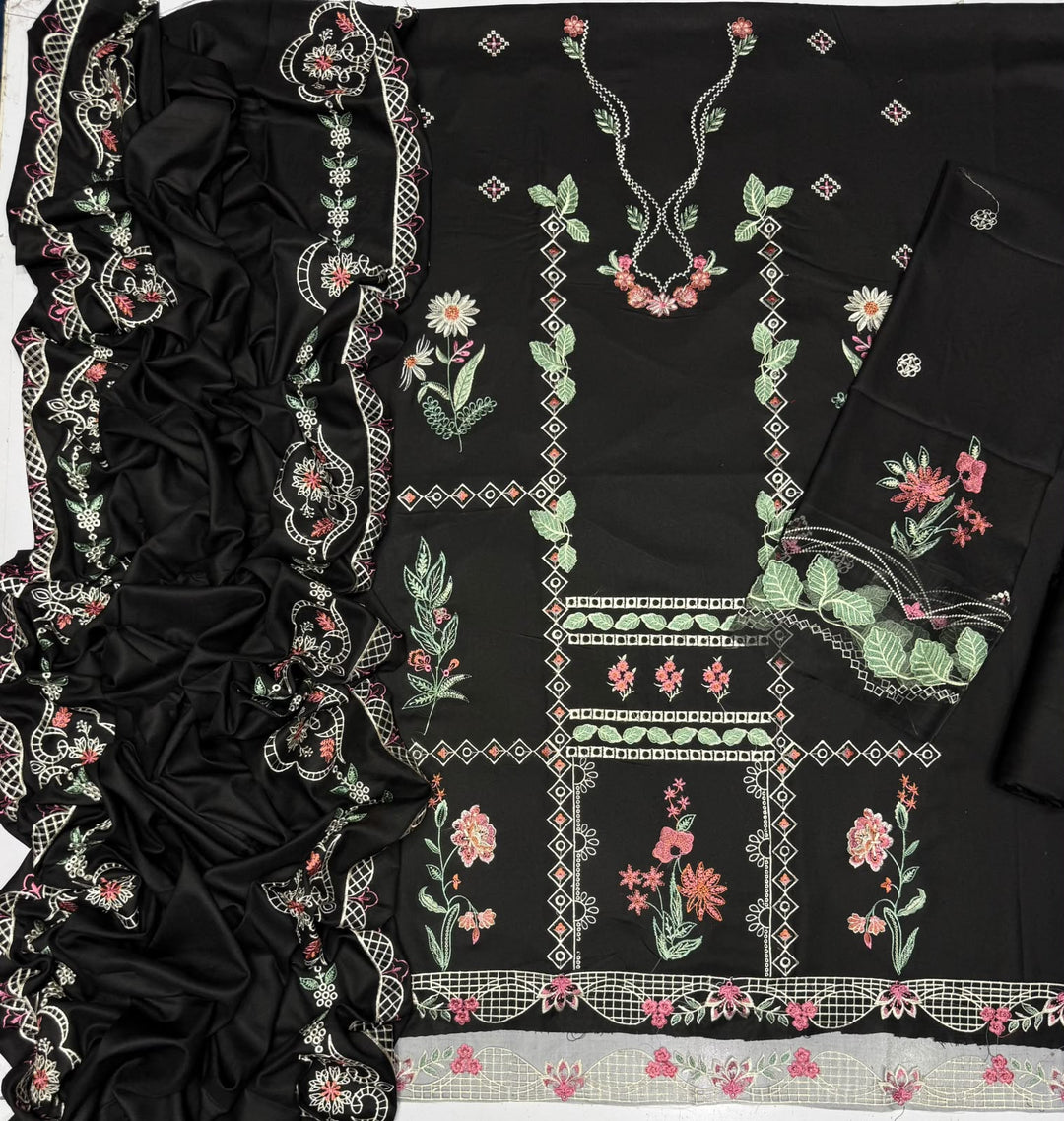 Black Dhanak 3 Piece Multi-Color Embroidered Suit with Luxury Embroidered Shawl - view 5