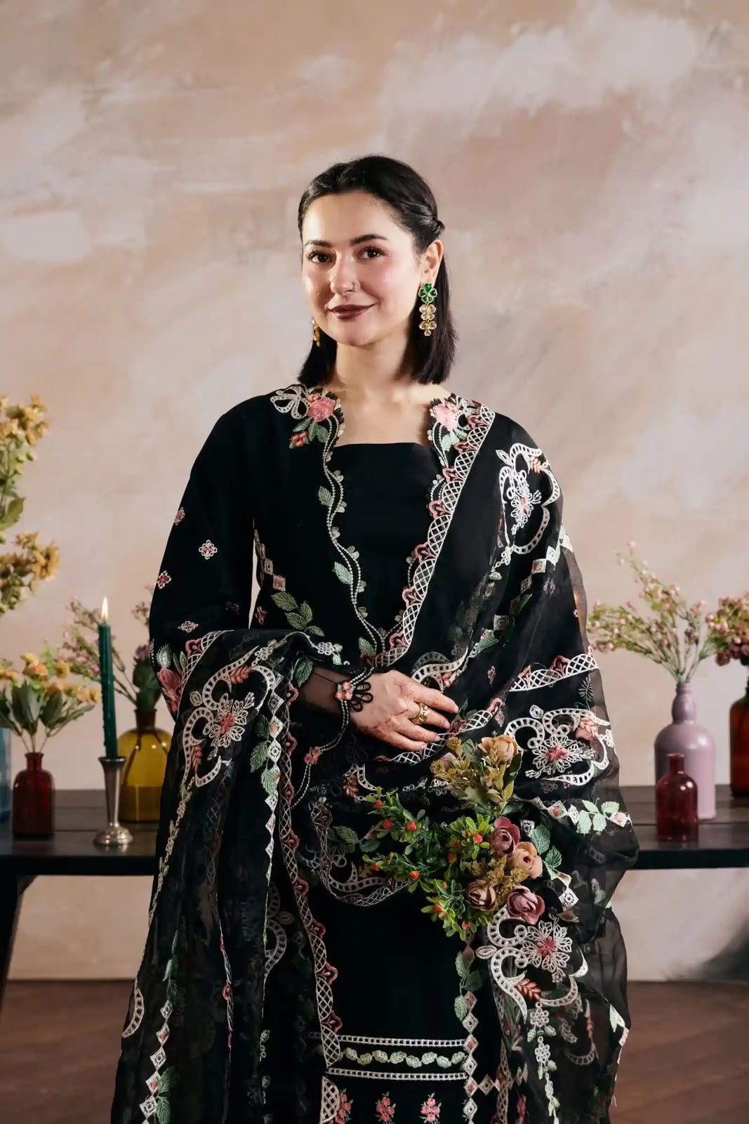 Black Dhanak 3 Piece Multi-Color Embroidered Suit with Luxury Embroidered Shawl - view 3