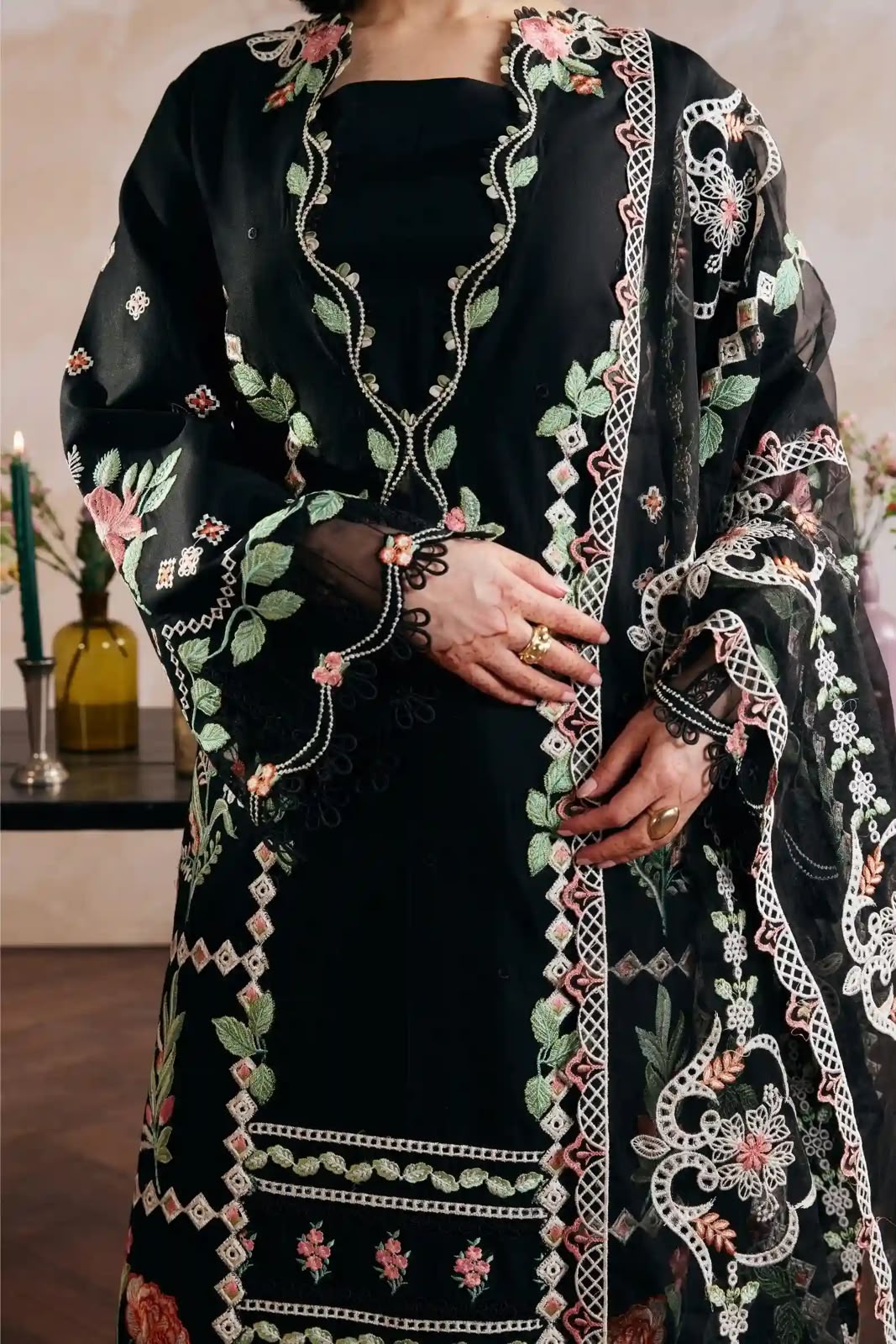 Black Dhanak 3 Piece Multi-Color Embroidered Suit with Luxury Embroidered Shawl - view 2