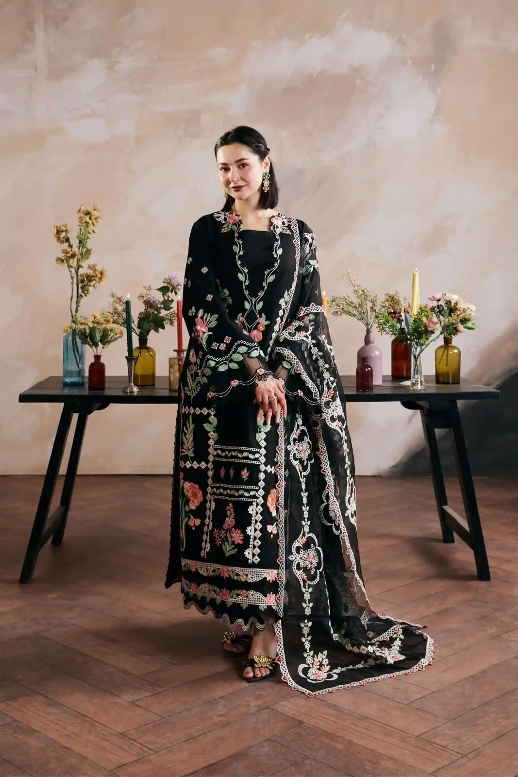 Black Dhanak 3 Piece Multi-Color Embroidered Suit with Luxury Embroidered Shawl