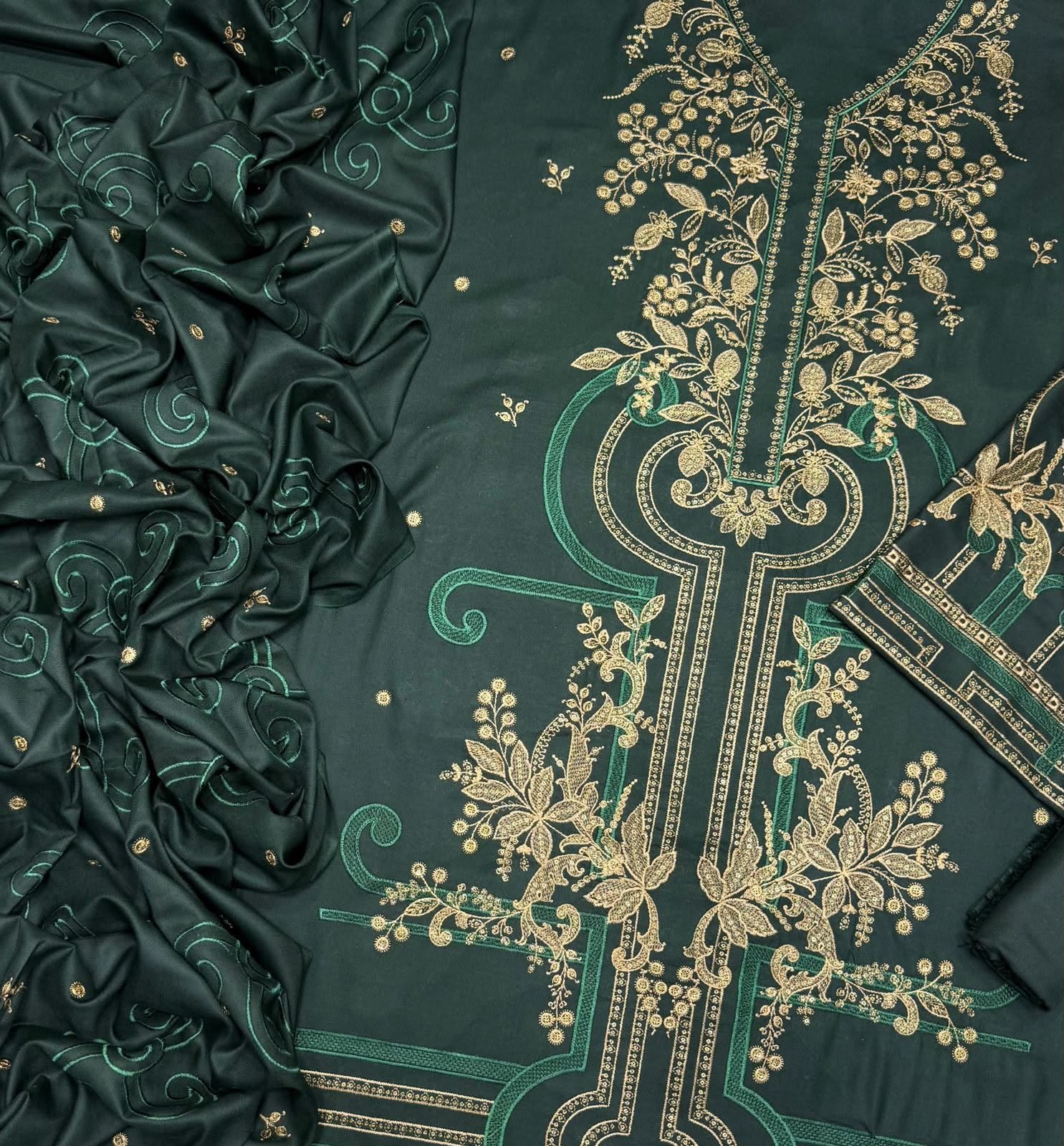 Emerald Green Dhanak 3 Piece Gold Embroidered Suit with Embroidered Dupatta - view 3
