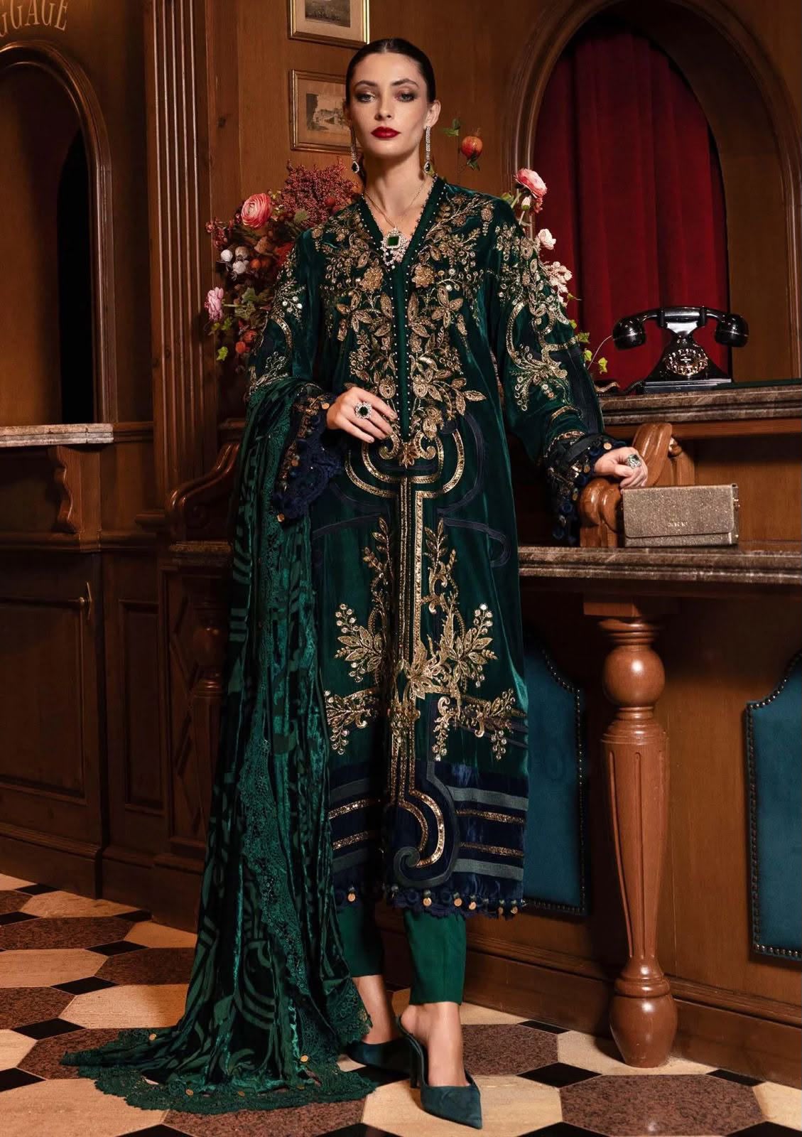 Emerald Green Dhanak 3 Piece Gold Embroidered Suit with Embroidered Dupatta