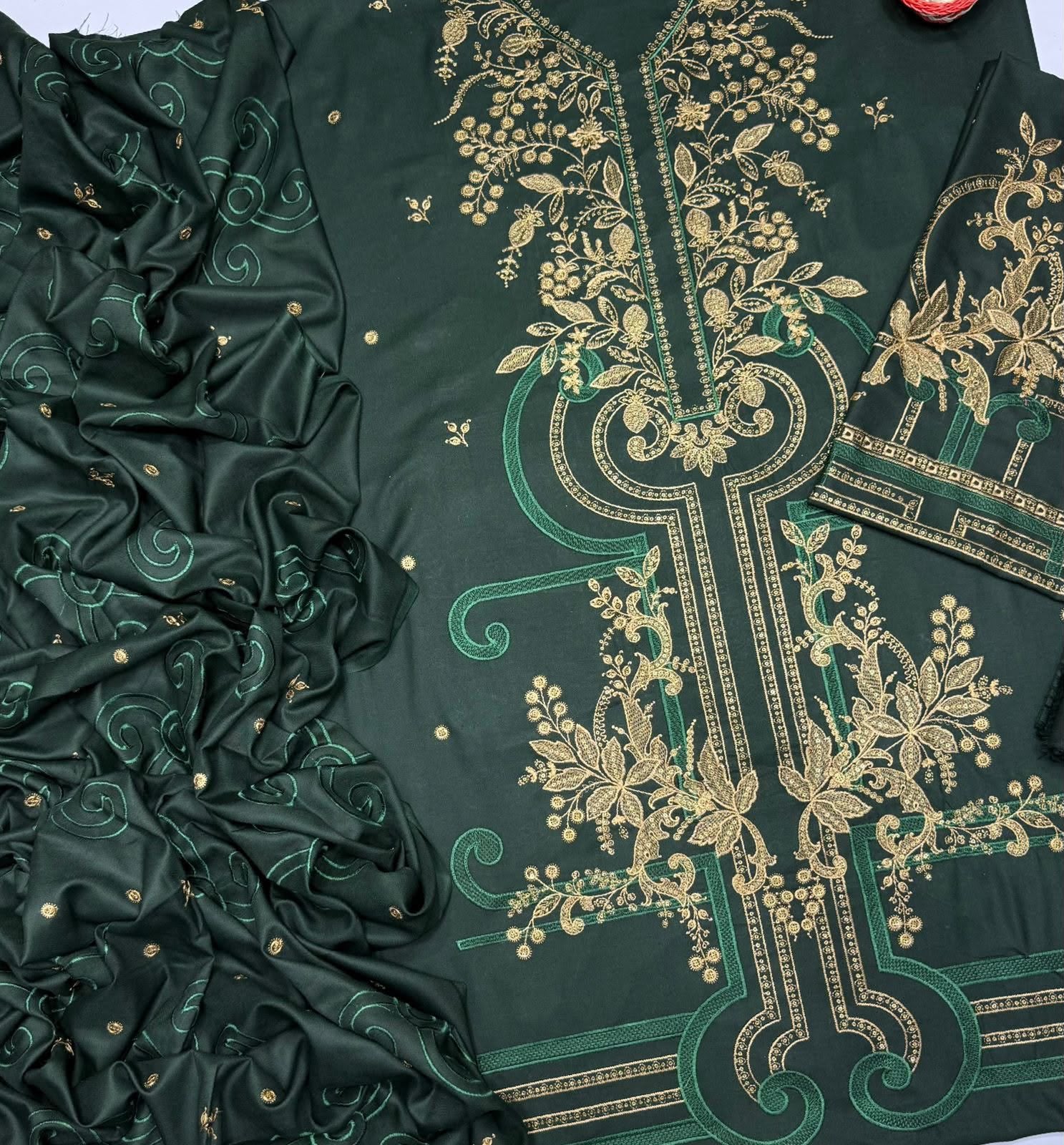 Emerald Green Dhanak 3 Piece Gold Embroidered Suit with Embroidered Dupatta - view 4