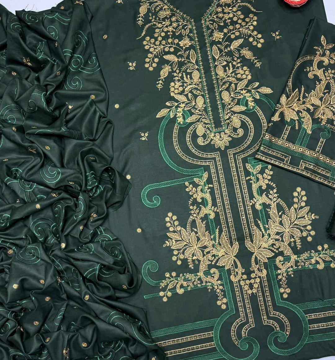 Emerald Green Dhanak 3 Piece Gold Embroidered Suit with Embroidered Dupatta - view 4