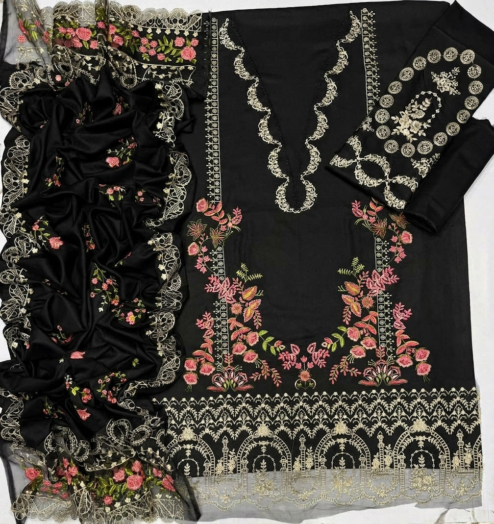 Black Airjet Dhanak 3 Piece Multi-Head Embroidered Suit with Embroidered Dupatta - view 6