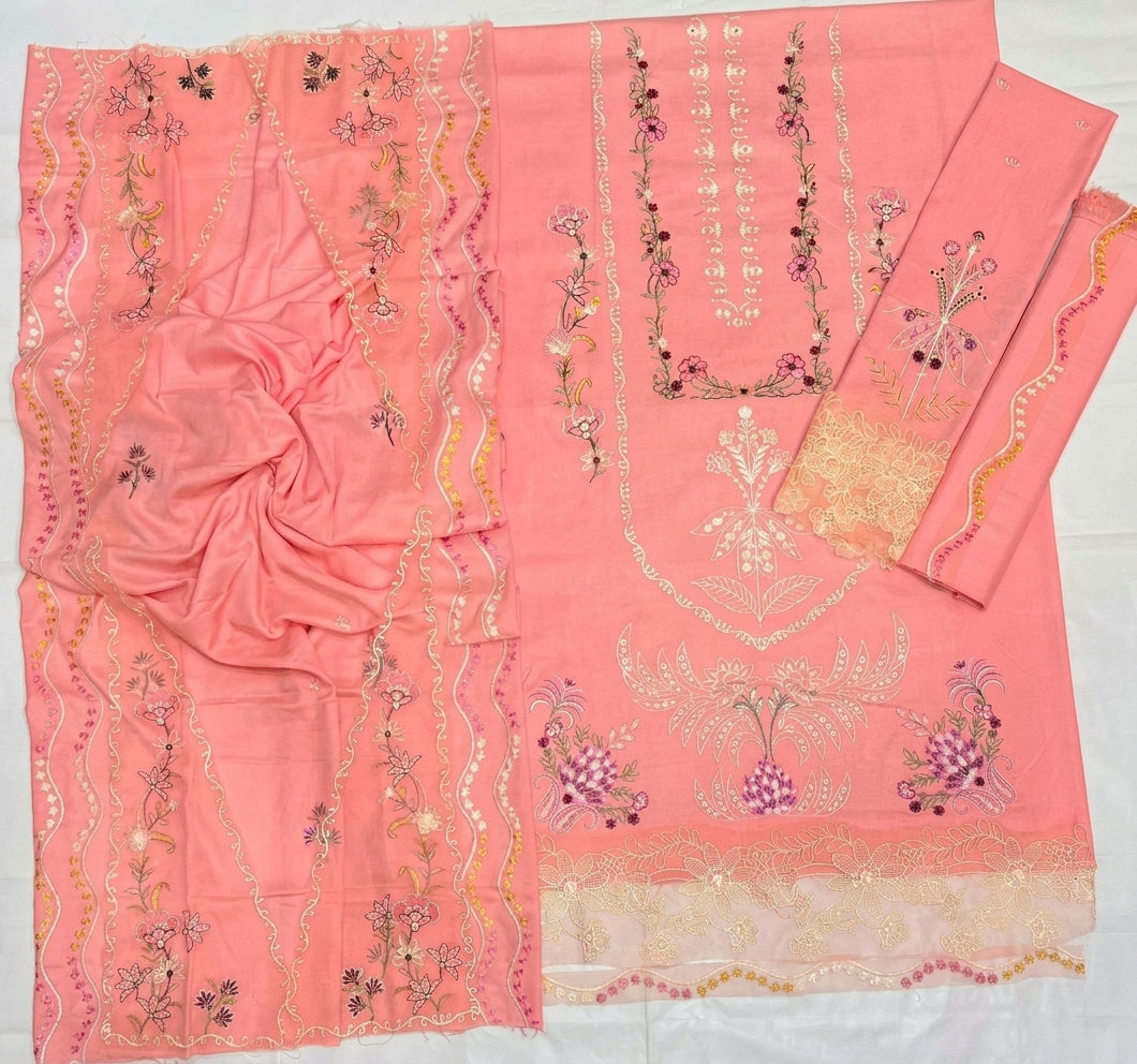 Peach Pink Dhanak 3 Piece Embroidered Suit with Embroidered Shawl and Trouser - view 4