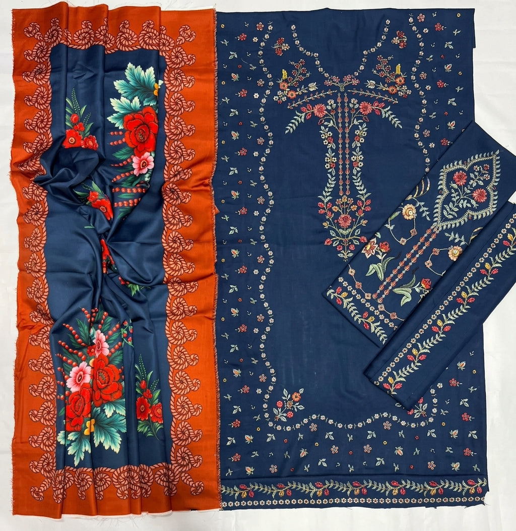 Navy Blue Airjet Dhanak 3 Piece Embroidered Suit with Rust Printed Twill Wool Dupatta - view 3