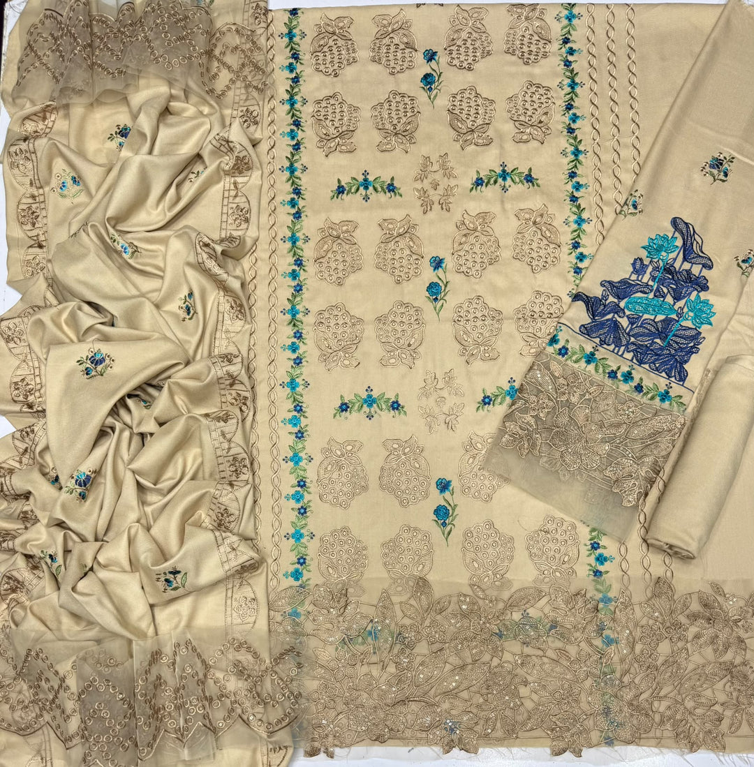 Beige Dhanak 3-Piece Suit Multi-Head Heavy Chikankari Embroidered with Luxury Embroidered Shawl Dupatta Unstitched — Winter Collection 2026