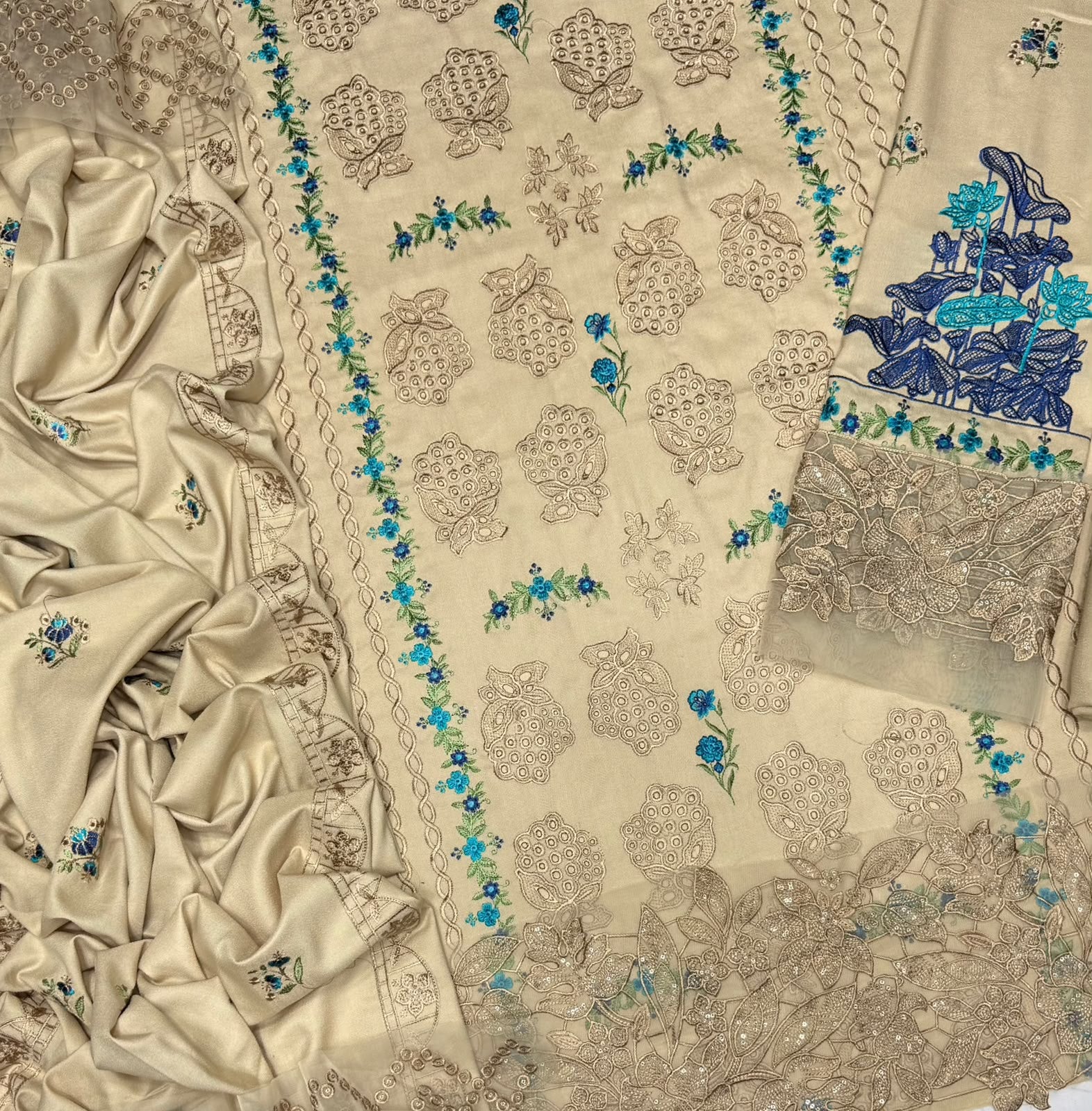 Beige Dhanak 3-Piece Suit Multi-Head Heavy Chikankari Embroidered with Luxury Embroidered Shawl Dupatta Unstitched — Winter Collection 2026
