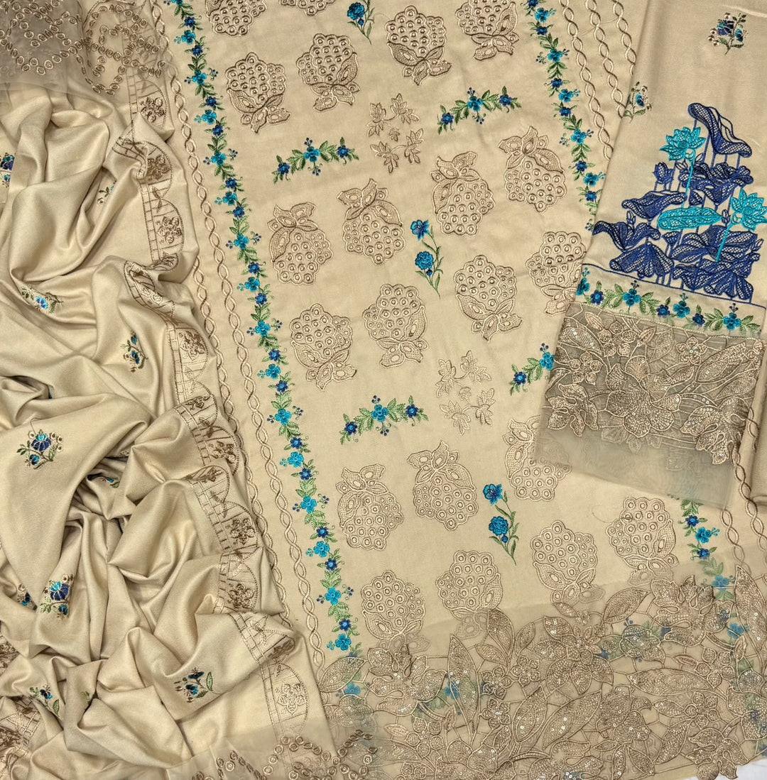 Beige Dhanak 3-Piece Suit Multi-Head Heavy Chikankari Embroidered with Luxury Embroidered Shawl Dupatta Unstitched — Winter Collection 2026