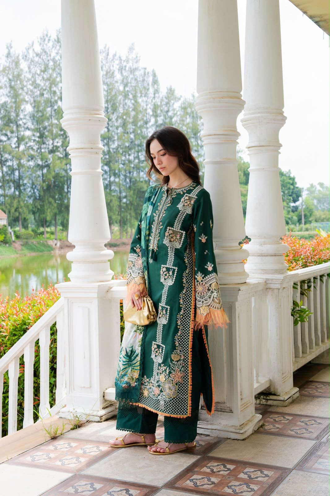 Bottle Green Airjet Dhanak 3-Piece Suit Full Heavy Multi-Colour Embroidered with Twill Wool Digital Printed Dupatta Unstitched — Winter Collection 2026