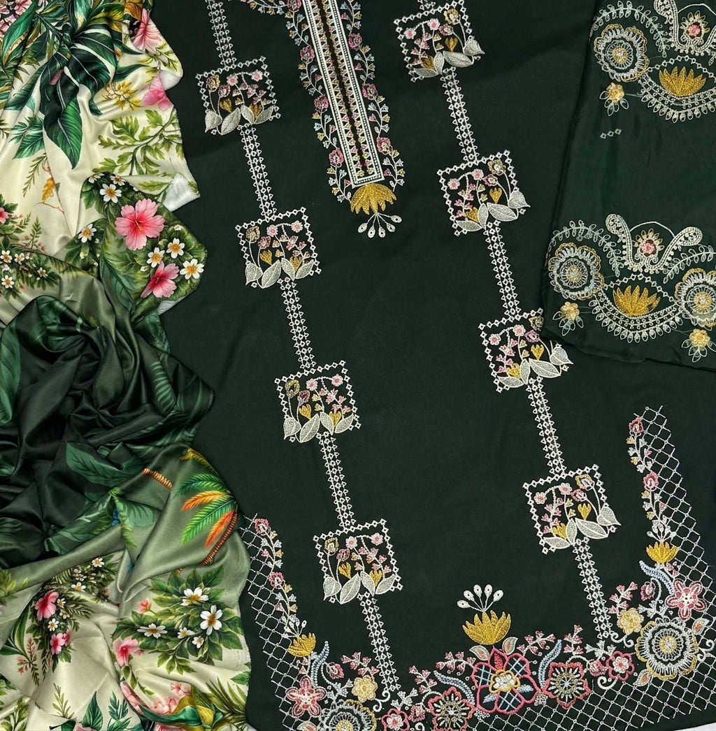 Bottle Green Airjet Dhanak 3-Piece Suit Full Heavy Multi-Colour Embroidered with Twill Wool Digital Printed Dupatta Unstitched — Winter Collection 2026