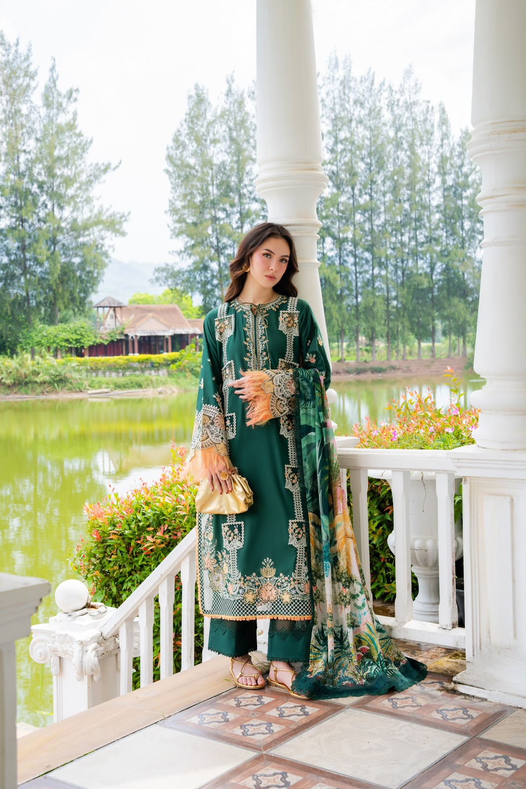 Bottle Green Airjet Dhanak 3-Piece Suit Full Heavy Multi-Colour Embroidered with Twill Wool Digital Printed Dupatta Unstitched — Winter Collection 2026