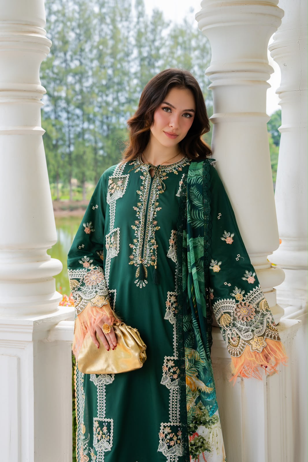 Bottle Green Airjet Dhanak 3-Piece Suit Full Heavy Multi-Colour Embroidered with Twill Wool Digital Printed Dupatta Unstitched — Winter Collection 2026